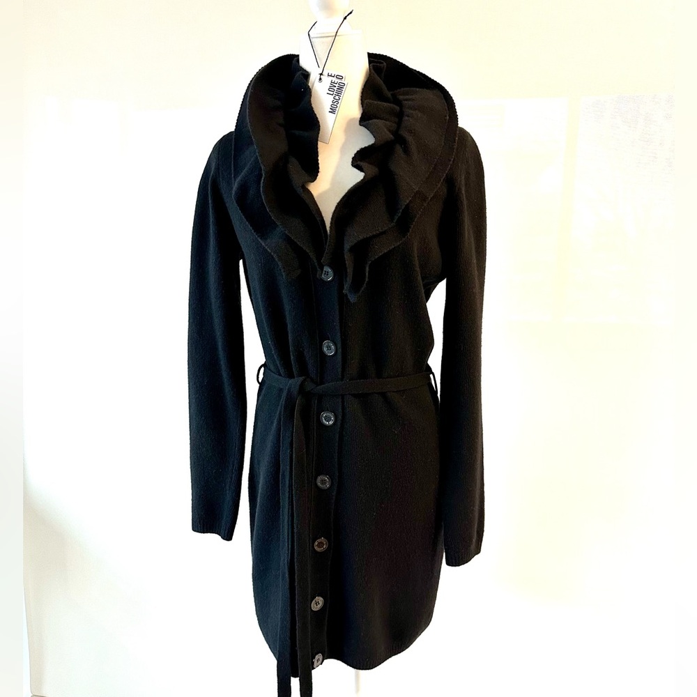 Authentic Moschino Black High Ruffle Collar Button Down Knit Cardigan Sweater